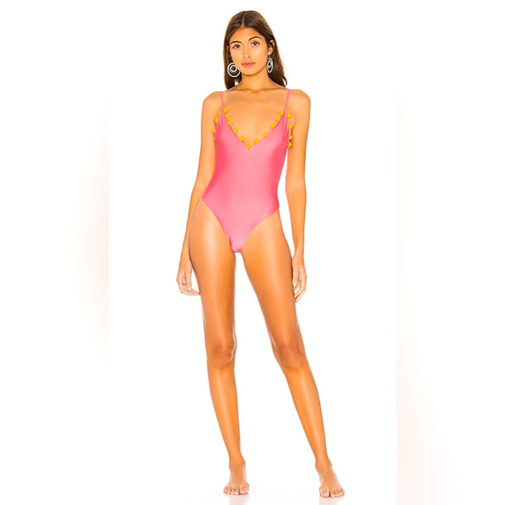 TULAROSA SWIM ONE PIECE SWIMSUIT IN PINK WITH YELLOW POMPOMS SIZE S *NWT*